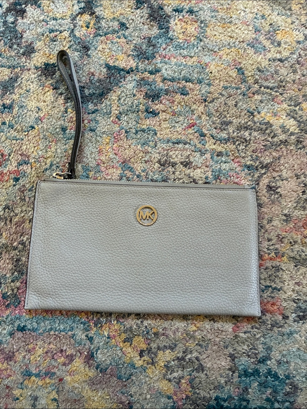 Michael Kors Light Gray Pebbled Leather Wristlet Clutch with Gold MK Logo